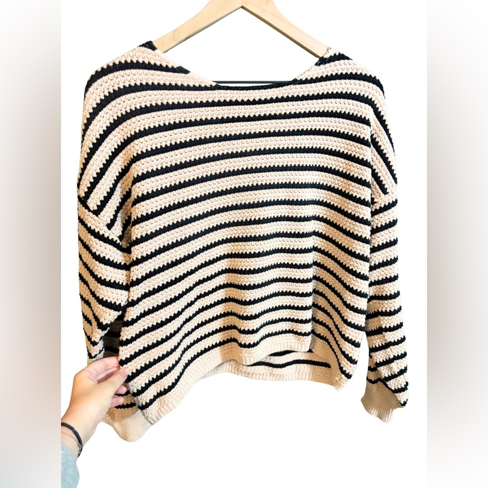 100% Cotton Textured Cropped Stitchfix Sweater: Kaileigh Black and Cream Striped